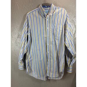J. McLaughlin Preppy Men's Blue Yellow White Striped‎ Cotton Dress Shirt Large